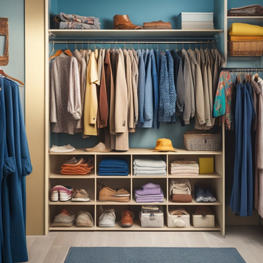 A cluttered closet with clothes scattered on the floor and hanging haphazardly from the rack, transformed into an organized space with neatly folded clothes, color-coded shelves, and a calm atmosphere.