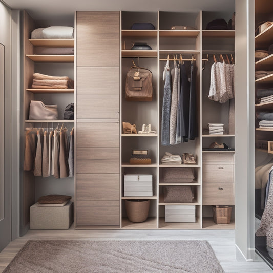 A serene, modern closet interior with soft, warm lighting, featuring a combination of wooden shelves, velvet-lined drawers, and sleek metal rods, showcasing a perfectly organized and harmonious space.