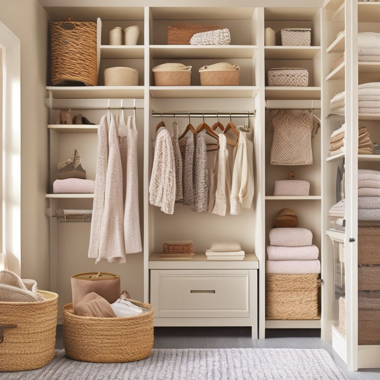 A serene, neutral-toned closet with custom shelving, double rods, and a built-in dresser, featuring a mix of woven baskets, stackable containers, and hanging organizers in a logical, easy-to-navigate layout.