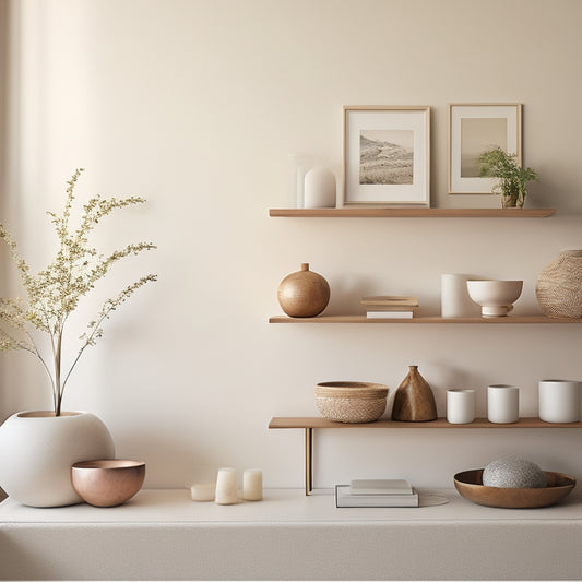 A serene, minimalist living room with a few, carefully curated decorative items on a sleek, low-profile shelf, amidst a calm, creamy beige backdrop and plenty of natural light.