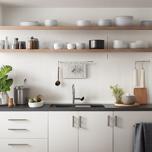 A modern kitchen with sleek, white countertops, featuring a built-in drawer organizer, a pull-out spice rack, and a wall-mounted utensil holder, surrounded by minimalist decor and plenty of negative space.