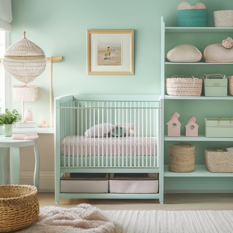 A serene, pastel-hued nursery with a crib against a wall, surrounded by multi-tiered shelves, woven baskets, and a compact changing station with a soft, cushy pad.