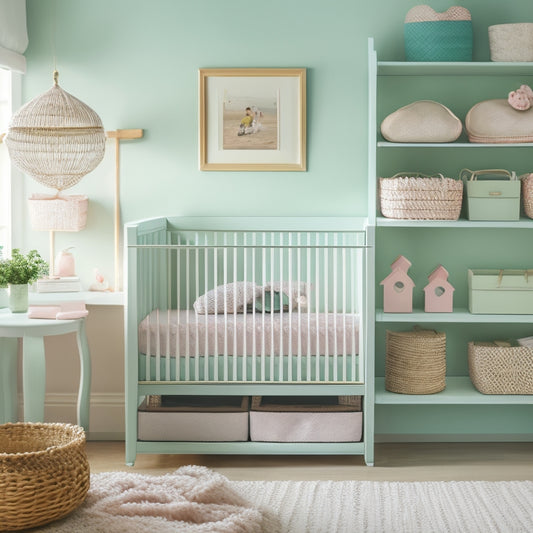 A serene, pastel-hued nursery with a crib against a wall, surrounded by multi-tiered shelves, woven baskets, and a compact changing station with a soft, cushy pad.