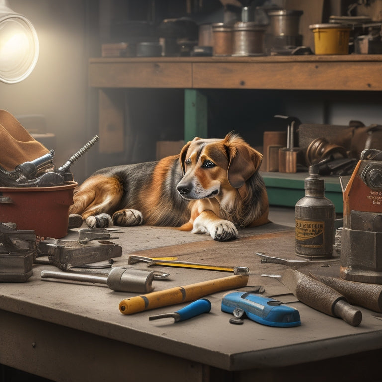 A worn, dog-eared Thor repair manual lies open on a cluttered workbench, surrounded by scattered tools and broken appliance parts, with a frustrated technician's gloved hand grasping a wrench in the background.