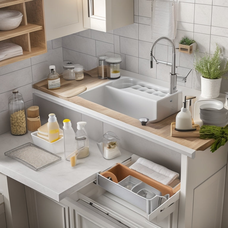 A tidy, modern kitchen sink area with three to five under sink storage baskets, each with multiple dividers, filled with organized cleaning supplies, tools, and accessories in a neutral color scheme.