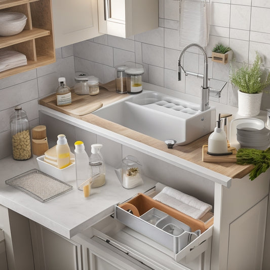 A tidy, modern kitchen sink area with three to five under sink storage baskets, each with multiple dividers, filled with organized cleaning supplies, tools, and accessories in a neutral color scheme.