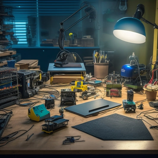 A messy workshop table cluttered with electronic components, wires, and tools, surrounded by DIY project prototypes, with a robotic arm and 3D printer in the background, lit by a single desk lamp.