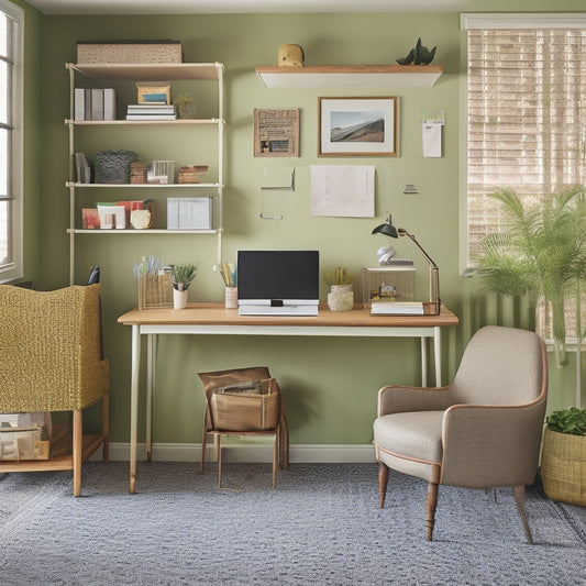 A clutter-free home office with a wooden desk, a wall-mounted shelf with labeled baskets, a pegboard with organized office supplies, and a comfortable ergonomic chair amidst a calming green background.