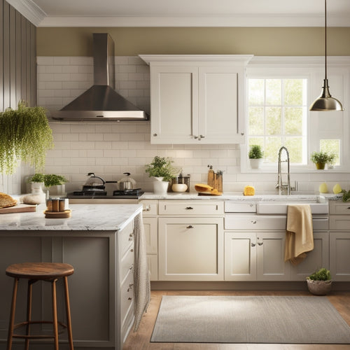 A serene, well-lit kitchen with a few strategically placed utensils and appliances, surrounded by empty countertops, a tidy sink, and a minimalist backsplash, conveying a sense of organized tranquility.