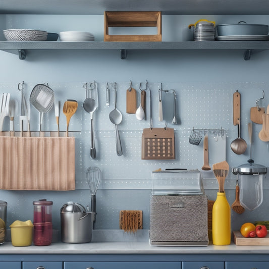 A tidy kitchen countertop with a utensil organizer, a divided drawer, and a pegboard on the wall, showcasing a variety of neatly arranged kitchen tools and gadgets in a harmonious color scheme.