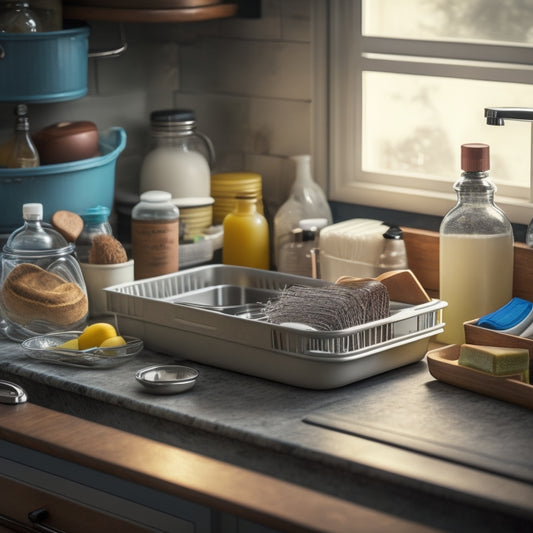 A cluttered kitchen sink drawer overflowing with utensils, sponges, and soap bottles, contrasted with a tidy, organized version featuring dividers, baskets, and a soft, warm lighting effect.