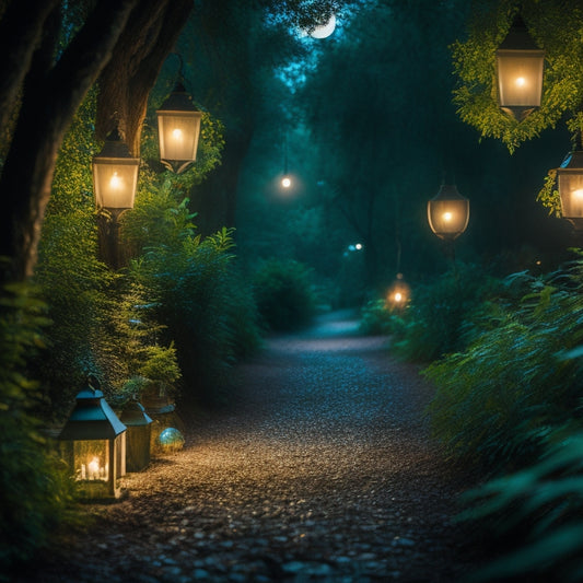 A warm, moonlit night scene with a winding path surrounded by lush greenery, illuminated by soft, glowing orbs of Cluson Clulite lanterns in various sizes and shapes.