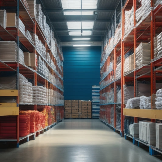 A bright, modern warehouse with rows of sleek, compact shelving units, each stacked with folded T-shirts in a variety of colors, surrounded by minimalistic industrial decor and plenty of natural light.