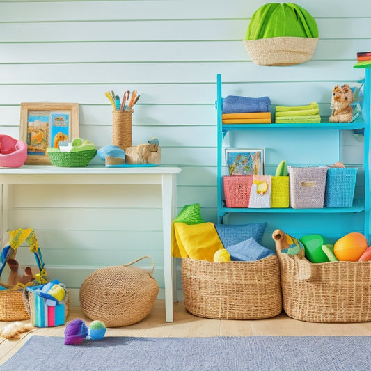 A colorful, clutter-free summer room with a few toys and books neatly organized on a shelf, a woven basket filled with sunscreen and beach towels, and a calendar on the wall with fun summer activities marked.