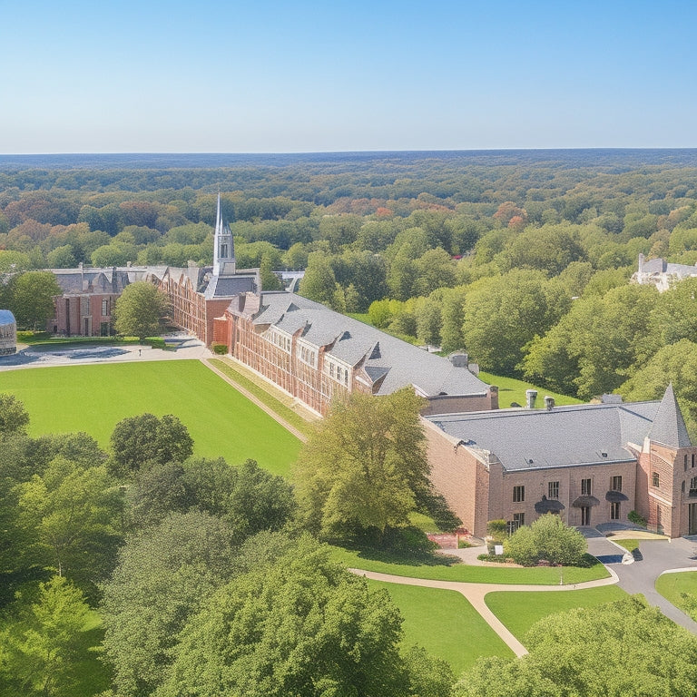 A serene aerial view of Villanova University's campus, with various residence halls and buildings in warm, earthy tones, surrounded by lush greenery and a sunny blue sky.