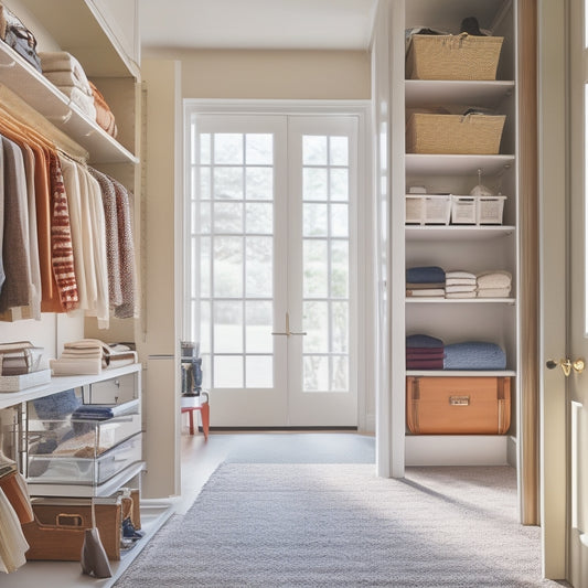 A bright, airy closet with floor-to-ceiling shelves, neatly arranged clothes, and a few stylish storage bins, surrounded by warm, natural light pouring in through a large window.