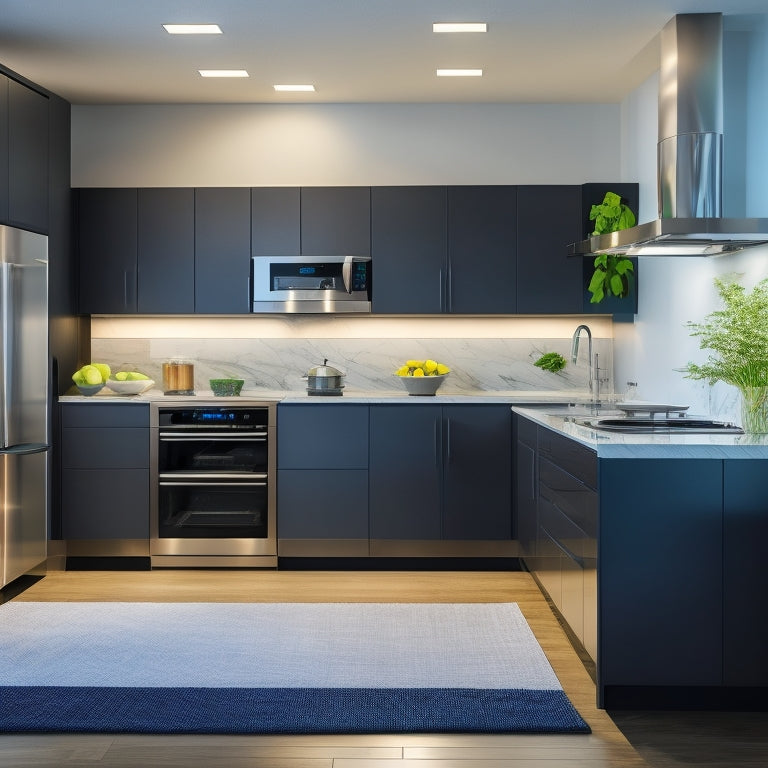 A sleek, modern kitchen with a compact, high-tech cooking station at its center, featuring a compact induction cooktop, a built-in air fryer, and a touchless faucet, surrounded by minimalist cabinetry and subtle LED lighting.