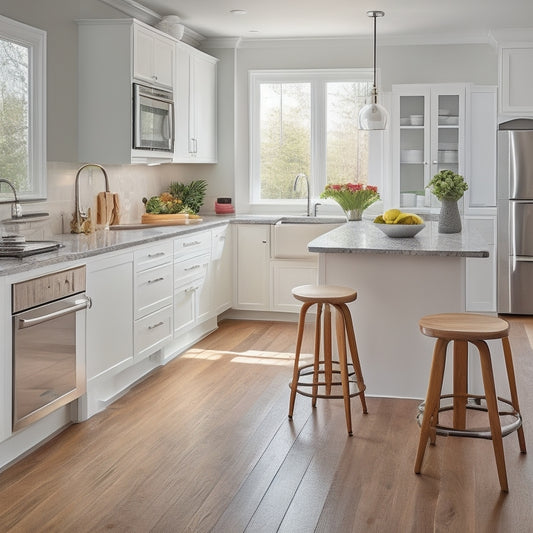 A bright, modern kitchen with a central island cart featuring a butcher-block top, stainless steel appliances, and sleek, curved legs, surrounded by gleaming hardwood floors and plenty of natural light.