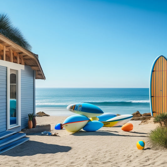 A serene coastal scene with a tidy, minimalist beach house in the background, featuring a few organized surfboards and beach balls, with a calm ocean and clear blue sky in the forefront.