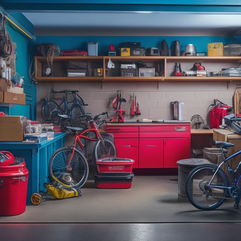 A cluttered small garage with a red sports car squeezed between piles of boxes, tools, and bicycles, contrasted with a tidy adjacent space featuring wall-mounted shelves, bins, and a compact workbench.