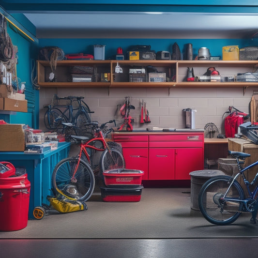 A cluttered small garage with a red sports car squeezed between piles of boxes, tools, and bicycles, contrasted with a tidy adjacent space featuring wall-mounted shelves, bins, and a compact workbench.