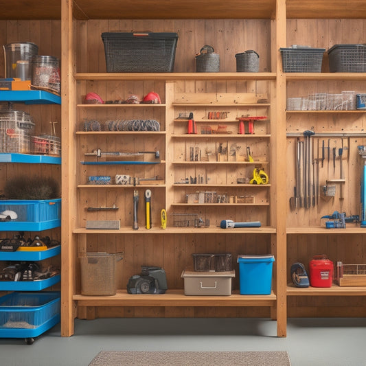 A well-organized garage with a custom-built shelving unit featuring five tiers of sturdy wooden shelves, metal brackets, and a pegboard backdrop, surrounded by tools and storage bins.