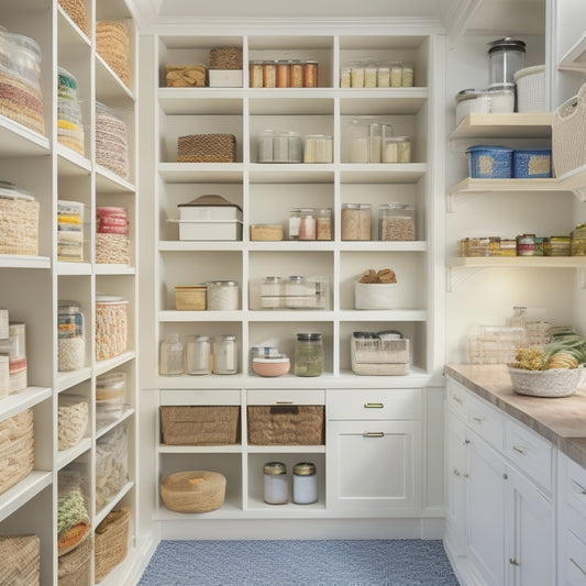 A bright, white pantry with adjustable shelves, baskets, and bins in pastel hues, filled with neatly arranged canned goods, spices, and cookbooks, illuminated by soft, natural light.