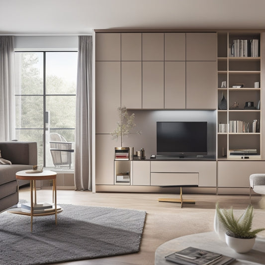 A serene, modern living room with sleek, custom cabinetry, a built-in desk with a pull-out keyboard tray, and a floor-to-ceiling storage unit with labeled, sliding drawers and baskets.