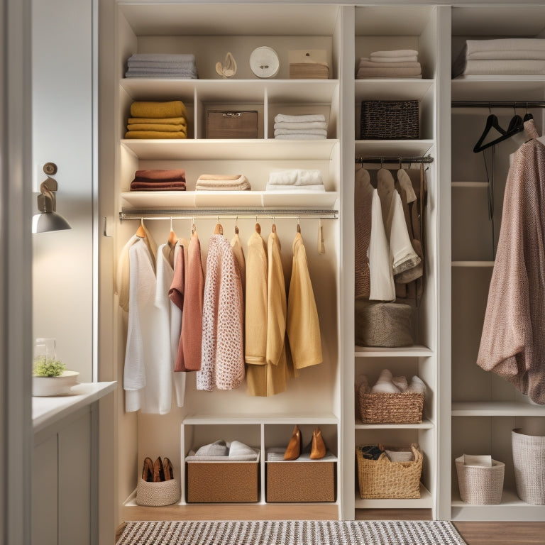 A tidy, compact closet with a double-hung rod, shelves, and baskets, illuminated by a soft, warm light, showcasing a minimalist and organized space for a small apartment dweller.