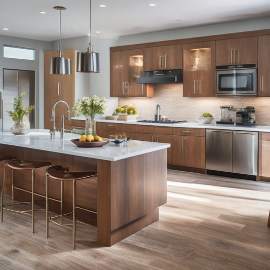 A bright, modern kitchen with custom cabinetry in a warm wood tone, featuring a unique curved island with a built-in cooktop and seating area, surrounded by sleek, high-gloss appliances.