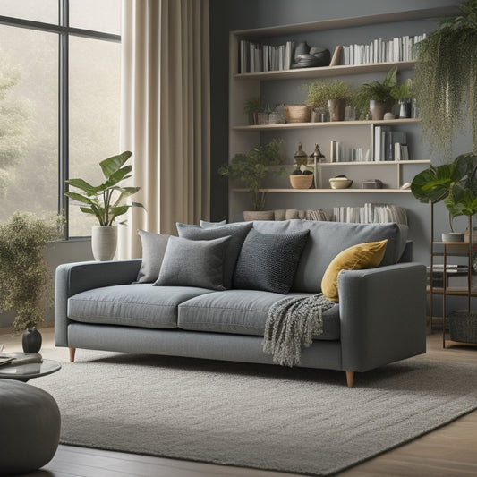A serene, modern living room with a minimalist sectional sofa, a few carefully selected decorative objects, and a floor-to-ceiling bookshelf with neatly arranged books and plants.