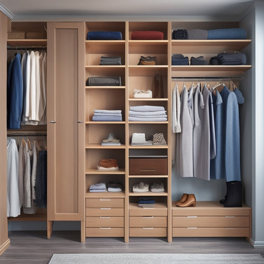 Generate an image of a sleek, organized closet with double rods, shelves, and drawers, featuring a mix of hanging clothes, folded items, and storage bins, with a subtle wooden tone and soft, warm lighting.