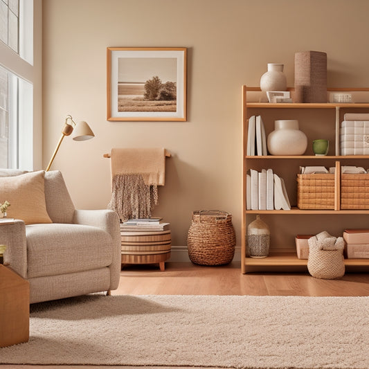 A cozy living room with a compact storage ottoman, a wall-mounted shelf with woven baskets, and a minimalist bookcase with a few favorite toys and books, all in a calming beige and wood tone color scheme.