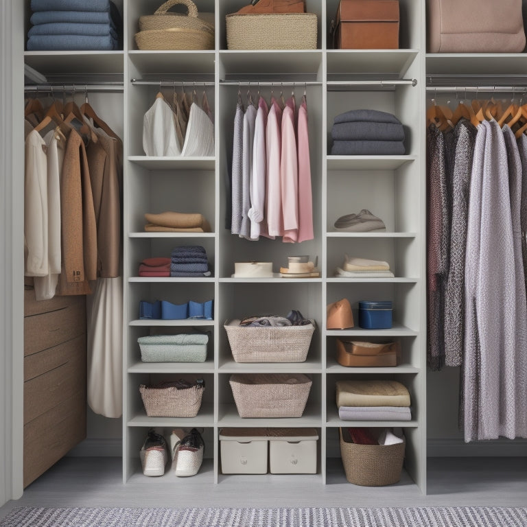 A tidy closet with a mix of open shelves, drawers, and hanging rods, featuring a color-coded clothing arrangement, woven baskets, and a sleek, minimalist storage system.