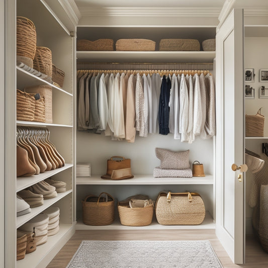 A serene, well-lit closet interior with neatly organized clothing on shelves and in drawers, and a few stylish accessories like a woven basket and a minimalist shoe rack.
