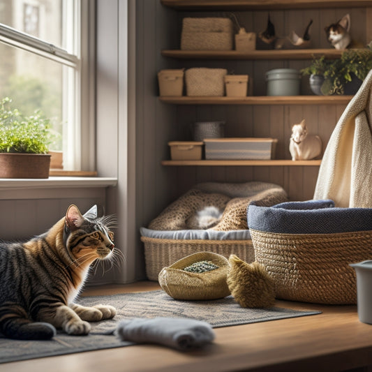 A cozy living room with a cat lounging on a windowsill, surrounded by clever storage solutions: a woven basket filled with pet toys, a repurposed crate storing pet food, and a hidden litter box cabinet.