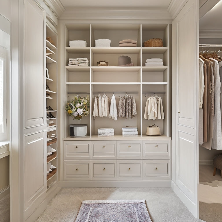 A serene, well-lit walk-in closet with cream-colored walls, featuring a combination of tall, floor-to-ceiling shelves, drawers, and double rods, all in a sleek, matte-finish wood tone.