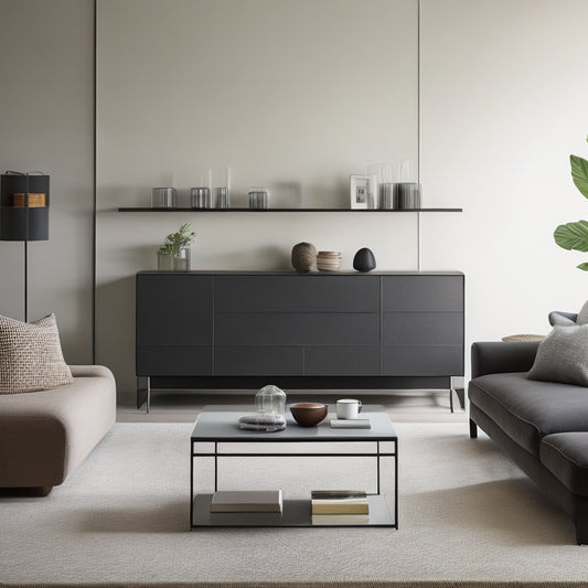 A minimalist, modern living room with a sleek, wall-mounted shelving system, a storage ottoman, and a hidden compartment coffee table, surrounded by a few, carefully placed decorative objects.
