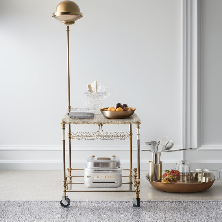 A kitchen cart with ornate metal legs stands against a crisp white background, surrounded by various kitchen utensils, cookbooks, and a few decorative vases, with a single lit candle on top.