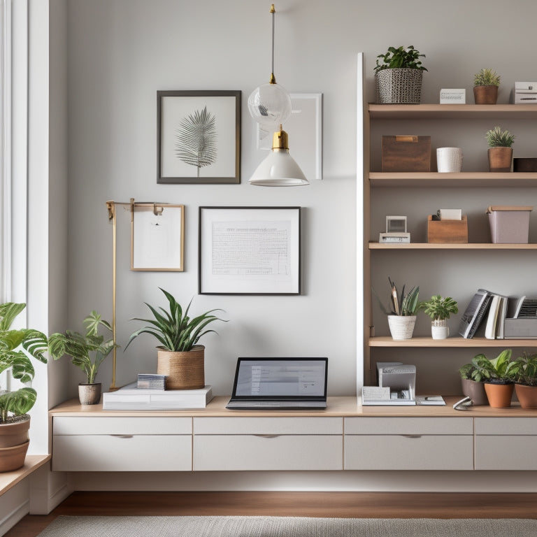 A serene and organized home office with a minimalist desk, a few carefully selected pens and papers, a small potted plant, and a wall-mounted shelf holding a label maker and a few neatly labeled storage bins.