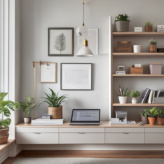 A serene and organized home office with a minimalist desk, a few carefully selected pens and papers, a small potted plant, and a wall-mounted shelf holding a label maker and a few neatly labeled storage bins.