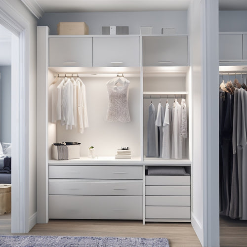 A serene, walk-in closet with sleek, white shelves and drawers, illuminated by soft, natural light, featuring a tablet or smartphone displaying a digital closet organizer app on a minimalist desk.