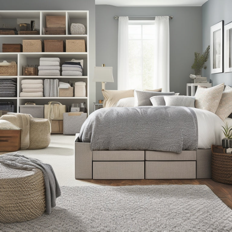 A clutter-free bedroom with a lifted bed frame, revealing a hidden compartment filled with stacked, labeled storage bins and baskets, surrounded by a soft, gray-toned area rug.
