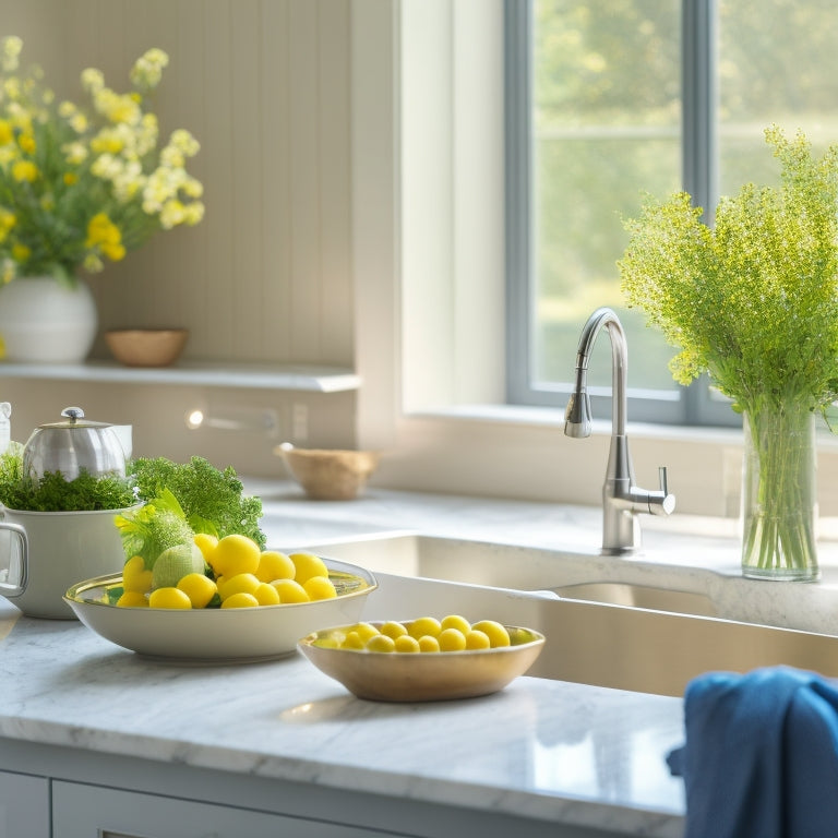 A serene kitchen with sparkling countertops, a spotless sink, and a faint scent of lemons, where a few strategically placed cleaning tools and a single, delicate wildflower in a vase hint at effortless tidiness.