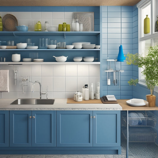 A tidy, L-shaped kitchen counter with a compact sink, surrounded by a combination of wall-mounted shelves, a retractable drying rack, and a slide-out utensil organizer.