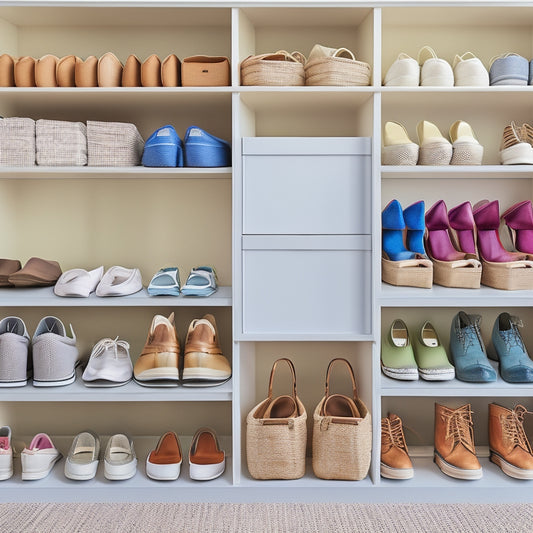 A tidy closet with rows of shoes organized on tiered shelves, in cubbies, and on hanging organizers, with a few shoes peeking out of canvas storage bins and baskets, amidst a calming beige and white background.
