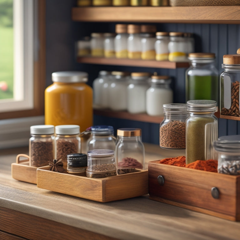 A tidy kitchen countertop with a wooden spice rack featuring small, stacked drawers, a rotating carousel of jars, and a magnetic strip holding tiny metal containers.