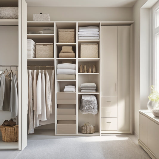 A serene, minimalist closet interior with custom shelving, drawers, and rods, featuring a mix of open and closed storage, in a calming neutral color palette with soft, natural light.