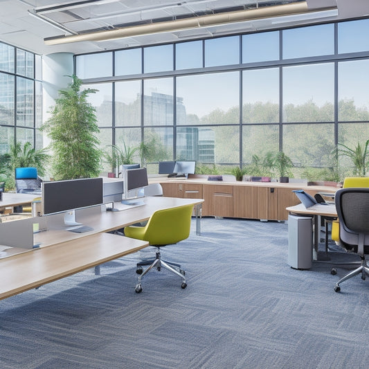 A modern, open-concept office with curved rows of desks, plants, and colorful ergonomic chairs, surrounded by floor-to-ceiling windows and collaborative whiteboard walls.