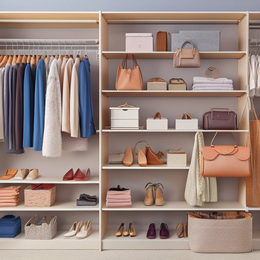 An organized closet with double rods, shelves, and bins, showcasing a neatly folded clothing section, a shoe rack, and a hanging organizer with purses and belts, set against a light gray background.